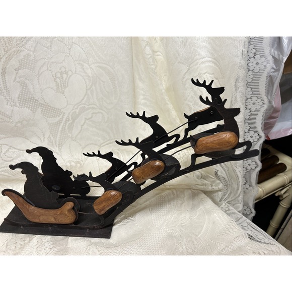 Vintage Christmas Santa Sleigh Reindeer Silhouette Metal Wood 4 Candle Holder - Picture 8 of 12